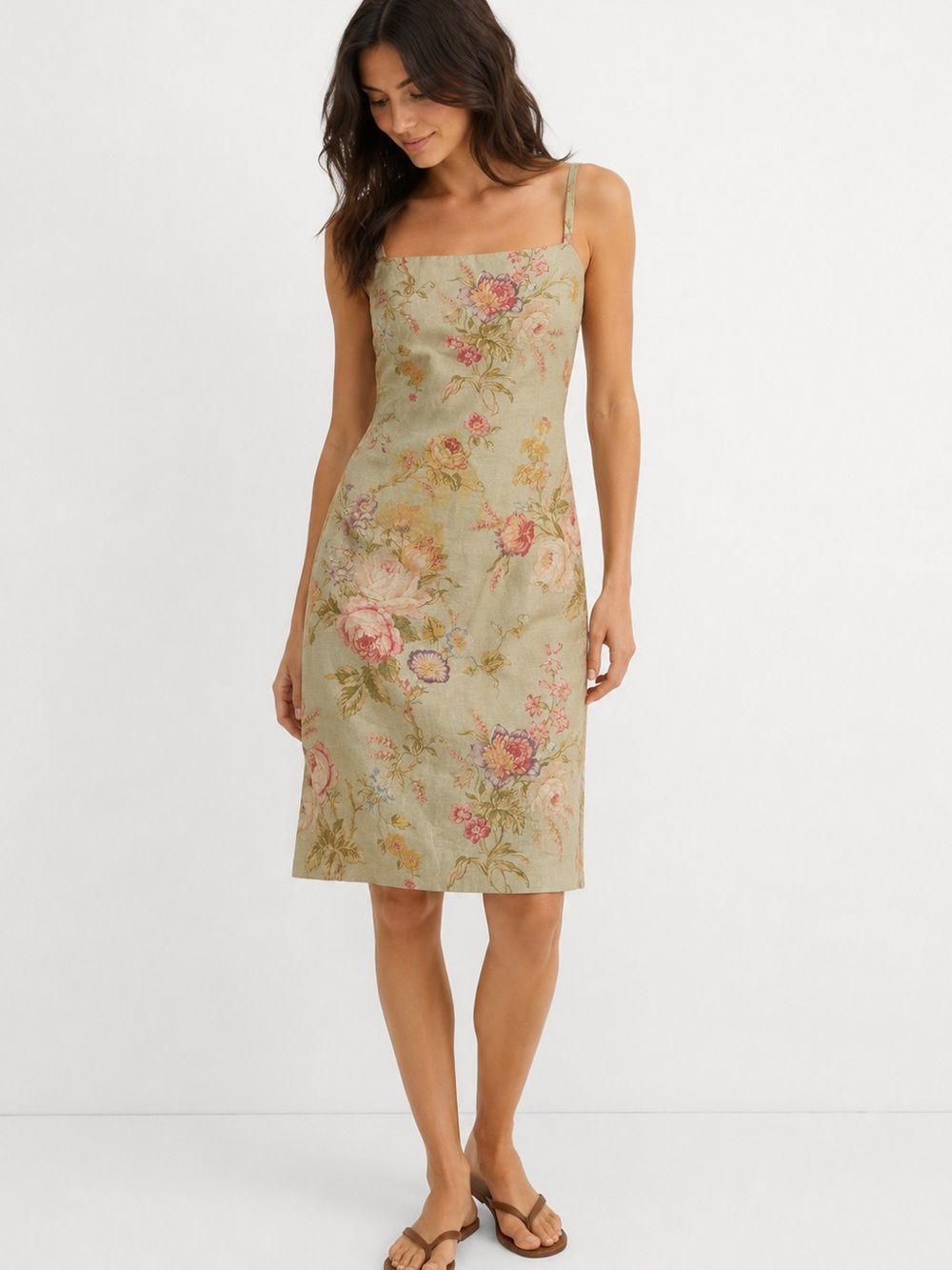 Ann Taylor Sage Green Floral Midi Dress with Pink and Yellow Accents